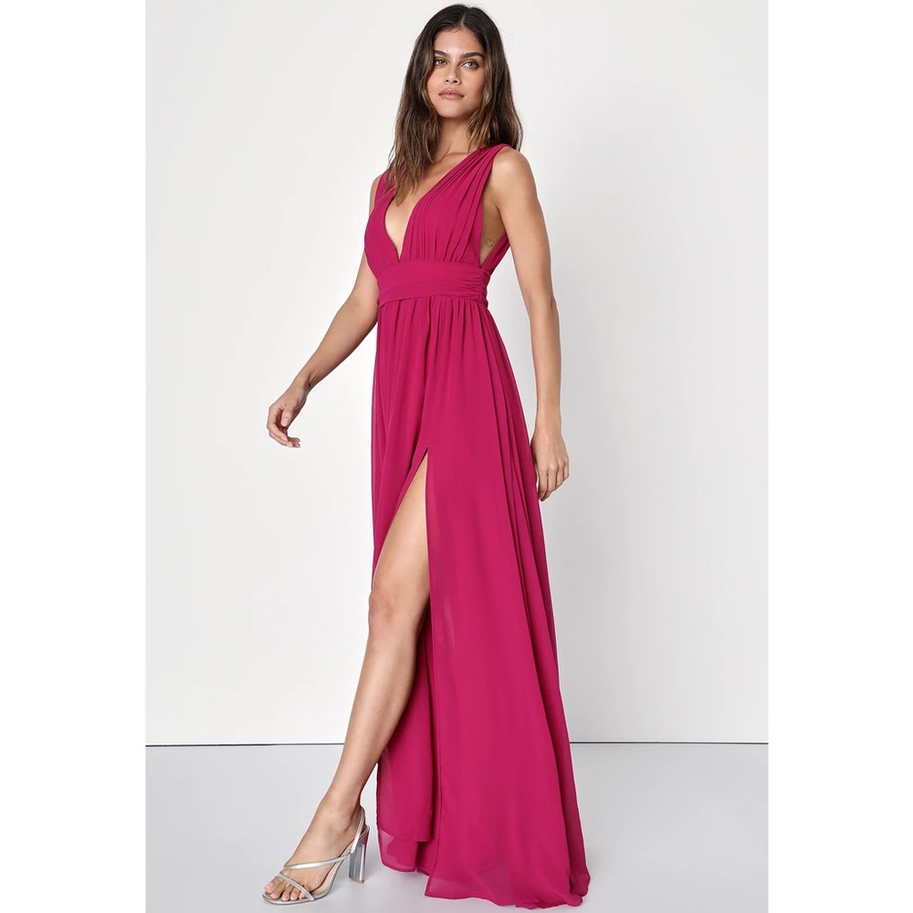 Lulus Heavenly Hues Magenta Sleeveless V-Neck Chiffon Maxi Dress NWT Large